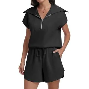 ANRABESS Two Piece Sets for Women Summer Half Zip Short Set Sweatsuit 2 Piece Outfits Sweat Lounge Sets Tracksuit Black Large