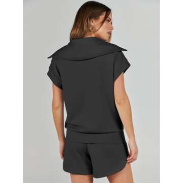 ANRABESS Two Piece Sets for Women Summer Half Zip Short Set Sweatsuit 2 Piece Outfits Sweat Lounge Sets Tracksuit Black Large