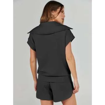 ANRABESS Two Piece Sets for Women Summer Half Zip Short Set Sweatsuit 2 Piece Outfits Sweat Lounge Sets Tracksuit Black Large