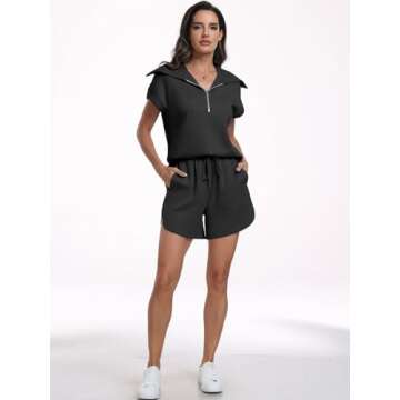 ANRABESS Two Piece Sets for Women Summer Half Zip Short Set Sweatsuit 2 Piece Outfits Sweat Lounge Sets Tracksuit Black Large
