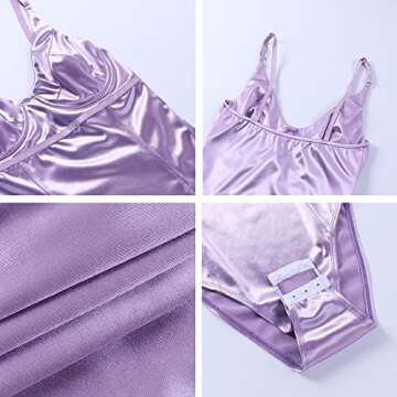 Velius Women's Sexy Deep V Neck Shiny Thong Bodysuit Tank Tops with Underwire (Taro Purple, Small)