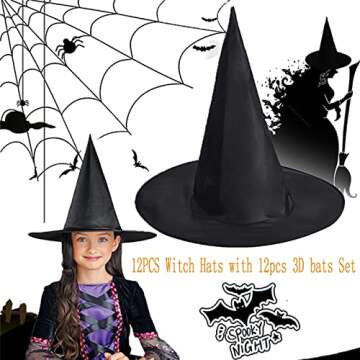 Tmflexe 12pcs Halloween Witch Hats + 12pcs 3D Bats Stickers - Costume Accessories for Parties, Cospl...