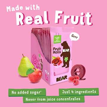 BEAR Real Fruit Snack Rolls - Gluten Free, Vegan, and Non-GMO - Raspberry – 12 Pack (2 Rolls Per P...