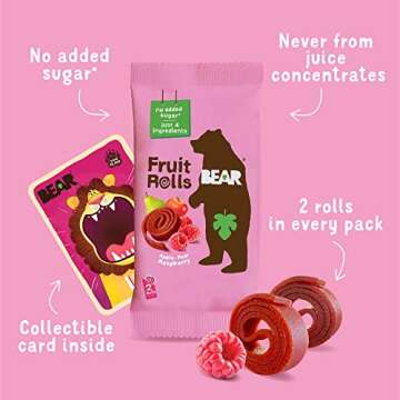BEAR Real Fruit Snack Rolls - Gluten Free, Vegan, and Non-GMO - Raspberry – 12 Pack (2 Rolls Per Pack) - Healthy School And Lunch Snacks For Kids And Adults, 0.7 Ounce (Pack of 12)