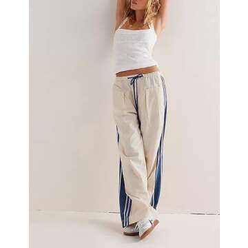 Hongsui Women's Wide Leg Pants Drawstring High Rise Side Striped Slouchy Palazzo Pants with Pockets