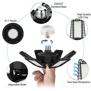 2 Pack LED Garage Light, 185W Deformable LED Garage Ceiling Lights with 6+1 Adjustable Panels 18500LM Super Bright Led Shop Lights for Garage Basement Warehouse Supermarket Fit E26/E27 Socket