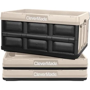 CleverMade Collapsible Storage Bin, Tan, 3PK - 32L (8 Gal) Stackable Storage Containers, Holds 66lbs...