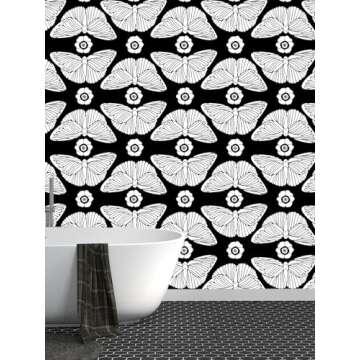 HAOKHOME Black Wallpaper Peel and Stick Floral Butterfly Wall Paper Removable for Bathroom Black/Whi...