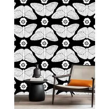 HAOKHOME Black Wallpaper Peel and Stick Floral Butterfly Wall Paper Removable for Bathroom Black/White Contact Paper 17.3in x 9.8ft