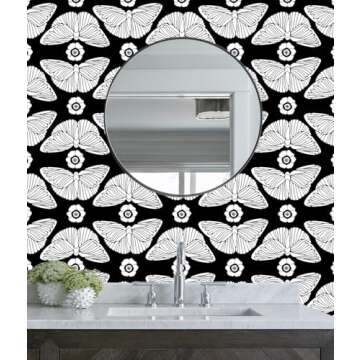 HAOKHOME Black Wallpaper Peel and Stick Floral Butterfly Wall Paper Removable for Bathroom Black/White Contact Paper 17.3in x 9.8ft