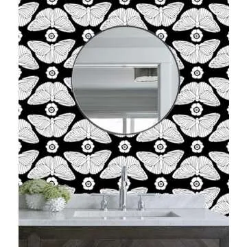 HAOKHOME Black Wallpaper Peel and Stick Floral Butterfly Wall Paper Removable for Bathroom Black/White Contact Paper 17.3in x 9.8ft