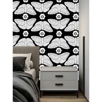 HAOKHOME Black Wallpaper Peel and Stick Floral Butterfly Wall Paper Removable for Bathroom Black/White Contact Paper 17.3in x 9.8ft