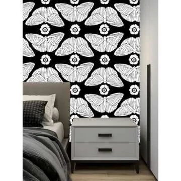 HAOKHOME Black Wallpaper Peel and Stick Floral Butterfly Wall Paper Removable for Bathroom Black/White Contact Paper 17.3in x 9.8ft