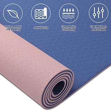 Yoga Mat,High Density Eco Friendly TPE Yoga Workout Mat,Superior Durability,Cushioning and Slip-resistance for Yoga Pilates Fitness (72*24*1/4inch, Pink + navy blue)