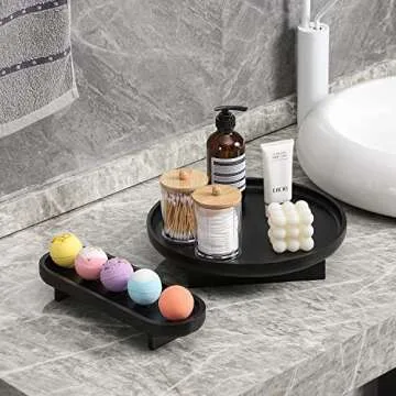 FERAHI Black Decorative Trays, 2 Pcs Black Trays for Coffee Table, Black Round Wood Tray, Black Tray for Bathroom, Black Vanity Tray, Wood Riser for Kitchen, Black Coffee Table Tray Decor, 12 Inches