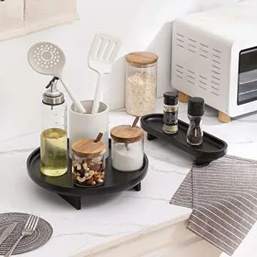 FERAHI Black Decorative Trays, 2 Pcs Black Trays for Coffee Table, Black Round Wood Tray, Black Tray for Bathroom, Black Vanity Tray, Wood Riser for Kitchen, Black Coffee Table Tray Decor, 12 Inches