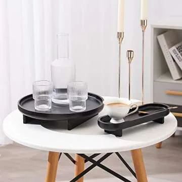 FERAHI Black Decorative Trays, 2 Pcs Black Trays for Coffee Table, Black Round Wood Tray, Black Tray for Bathroom, Black Vanity Tray, Wood Riser for Kitchen, Black Coffee Table Tray Decor, 12 Inches