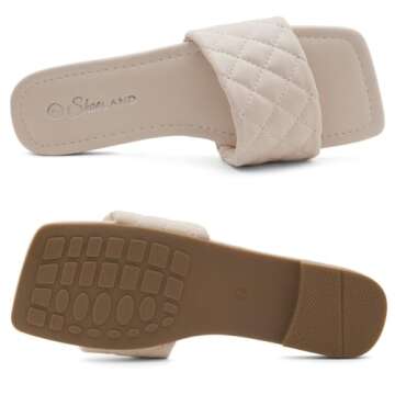Shoe Land Anisha Women's Flat Sandals, Fashion Slides with Square Open Toe, Quilted Single Band Dressy Sandals, Slip-On Slippers for Summer, Daily Wear, Prom, and Party, Beige, Size 8.0