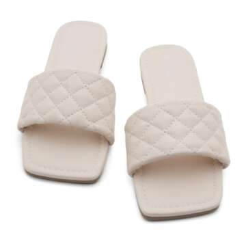 Shoe Land Anisha Women's Flat Sandals, Fashion Slides with Square Open Toe, Quilted Single Band Dressy Sandals, Slip-On Slippers for Summer, Daily Wear, Prom, and Party, Beige, Size 8.0
