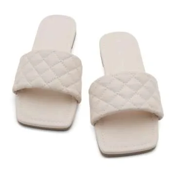 Shoe Land Anisha Women's Flat Sandals, Fashion Slides with Square Open Toe, Quilted Single Band Dressy Sandals, Slip-On Slippers for Summer, Daily Wear, Prom, and Party, Beige, Size 8.0