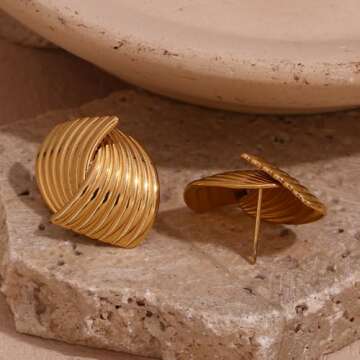 HINSD Striped Stud Earrings Flow Teardrop/Triangle/Petal Shaped, Unique Cast Stripe Fashion Personalized Glossy Earrings, Stainless Steel 18k Gold Steel Color Minimalist Earrings for Women,
