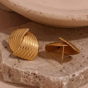 HINSD Striped Stud Earrings Flow Teardrop/Triangle/Petal Shaped, Unique Cast Stripe Fashion Personalized Glossy Earrings, Stainless Steel 18k Gold Steel Color Minimalist Earrings for Women,