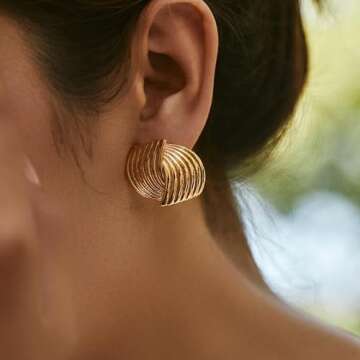 HINSD Striped Stud Earrings Flow Teardrop/Triangle/Petal Shaped, Unique Cast Stripe Fashion Personalized Glossy Earrings, Stainless Steel 18k Gold Steel Color Minimalist Earrings for Women,