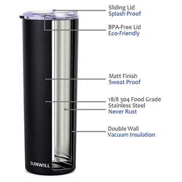 SUNWILL Straw Tumbler – 20oz Insulated Travel Mug with Lid and Straw, Perfect for Hot & Cold Bever...