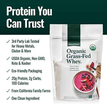 Natural Force Grass Fed Organic Whey Protein Powder - Non GMO, Keto Friendly, Low Carb, Kosher - Lab Tested for Toxins - Pure & Unflavored - 16 oz.