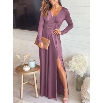 ANRABESS Women Deep V Neck Long Sleeve Slit 2024 Fall Elegant Formal Wedding Guest Cocktail Evening Date Prom Maxi Long Dress Pink X-Large