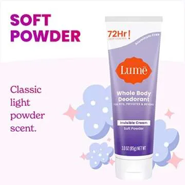 Lume Whole Body Deodorant - Invisible Cream Tube - 72 Hour Odor Control - Aluminum Free, Baking Soda Free, Skin Safe - 3.0 ounce (Soft Powder)
