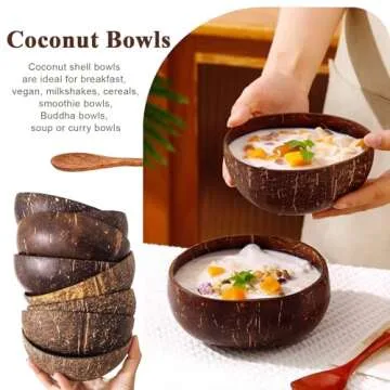 DXQCHDUO Polished Coconut Shell Bowls - Set of 4 Coconut Bowls & Spoons, Hand Made Coconut Bowl Set,Smoothie Bowls Dessert Fruit Salad Mixing Bowl Rice Ramen Bowl