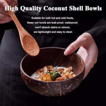 DXQCHDUO Polished Coconut Shell Bowls - Set of 4 Coconut Bowls & Spoons, Hand Made Coconut Bowl Set,Smoothie Bowls Dessert Fruit Salad Mixing Bowl Rice Ramen Bowl