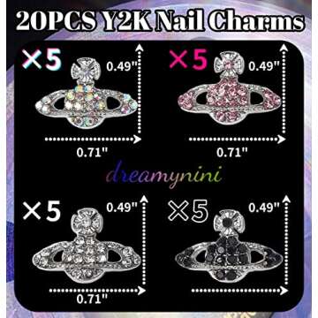 dreamynini Planet Nail Charms 20Pcs for Acrylic Nails Y2K 3D Rhinestones Gems Silver Diamond Jewelry Kawaii DIY Art Decoration Supplies Girls and Women (Pink,Silver,Black,Galaxy)