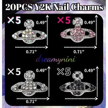 dreamynini Planet Nail Charms 20Pcs for Acrylic Nails Y2K 3D Rhinestones Gems Silver Diamond Jewelry Kawaii DIY Art Decoration Supplies Girls and Women (Pink,Silver,Black,Galaxy)
