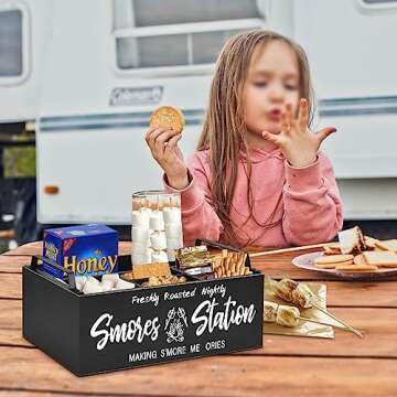 Wooden S'mores Station, S'mores Caddy Bar Holder with Handles for Counter, Farmhouse Smores Serving Tray for Kitchen, Smores Maker Box Tabletop for Smores Kit, Camping Decor Smores Supplies Container