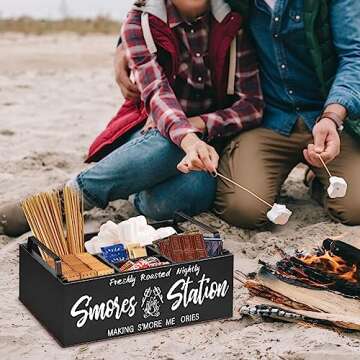 Wooden S'mores Station, S'mores Caddy Bar Holder with Handles for Counter, Farmhouse Smores Serving Tray for Kitchen, Smores Maker Box Tabletop for Smores Kit, Camping Decor Smores Supplies Container