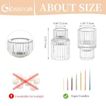 Glass Candlestick Taper Candle Holder: Glasseam Set of 2 Small Candle Holders for Candlesticks, Modern Crystal Clear Tapered Candle Stick Holder for Wedding Dining Table Centerpiece Christmas Decor