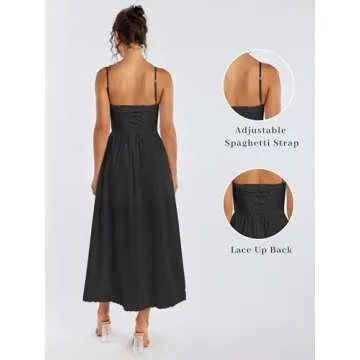 VKIHOC Summer Lace Midi Dress Spaghetti Strap Flowy A Line Slit Swing Dresses Sundresses for Women 2024 Casual Beach Vacation Black XL