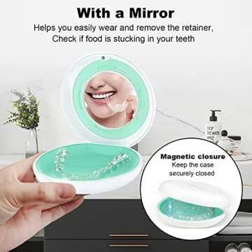 2PCS Retainer Case with Mirror and Adjustable Vent Holes, Cute Slim Aligner Case Compatible with Invisalign, Night Mouth Guard Case, With Retainer Remover Tool, Chew & Brush, White+Pink