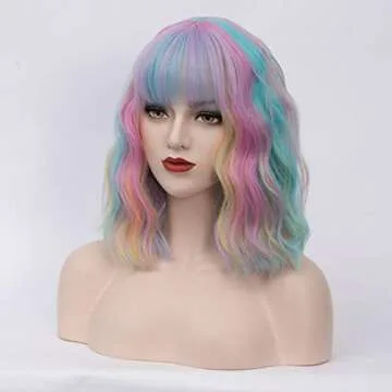 Cying Lin Short Bob Wavy Curly Wig Rainbow Air Bangs Wig For Women Cosplay Halloween Wigs Heat Resistant Bob Party Wig (Rainbow)