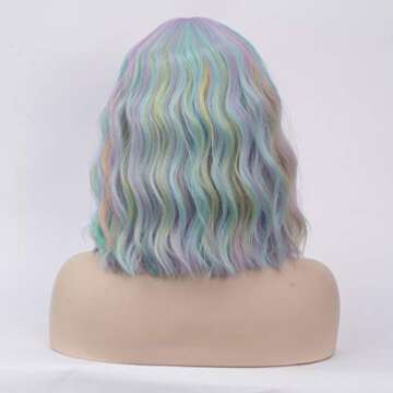 Cying Lin Short Bob Wavy Curly Wig Rainbow Air Bangs Wig For Women Cosplay Halloween Wigs Heat Resistant Bob Party Wig (Rainbow)