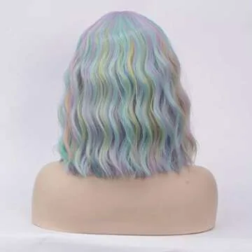 Cying Lin Short Bob Wavy Curly Wig Rainbow Air Bangs Wig For Women Cosplay Halloween Wigs Heat Resistant Bob Party Wig (Rainbow)