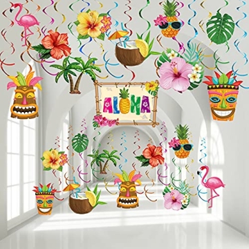 30 Pieces Hawaiian Luau Birthday Party Hanging Swirl Decorations, Flower Tropical Palm Flamingo Sign...