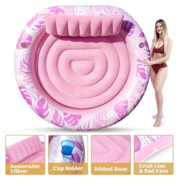 Sloosh Inflatable Tanning Pool Lounger Float,72" x 65" Pool Floats Adult with Pillow,Luxury Fabric Large Suntan Tub Raft Floatie,Sunbathing Bed Lounge for Water Blow Up Kids Ball Pit Party Gifts,Pink