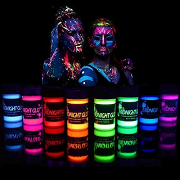 Midnight Glo Black Light Face and Body Paint Set - 8 Neon Fluorescent Colors, Washable & Safe