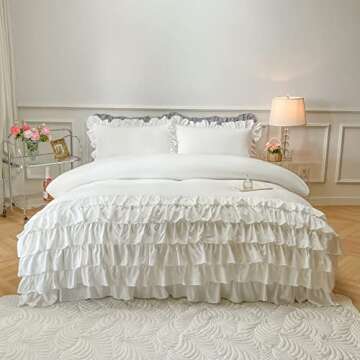 MOOWOO Waterfall Ruffle Duvet Cover Queen,3 Piece White Shabby Chic Bedding Solid Color Soft and Bre...