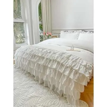 MOOWOO Waterfall Ruffle Duvet Cover Queen,3 Piece White Shabby Chic Bedding Solid Color Soft and Breathable with Zipper Closure & Corner Ties