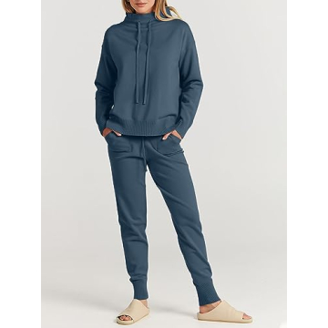 ANRABESS Women Two Piece Outfits Turtleneck Pullover Top Cozy Knit Sweater Pants Lounge Set 2024 Fall Sweatsuit Sweatsuits Dusty Blue Small