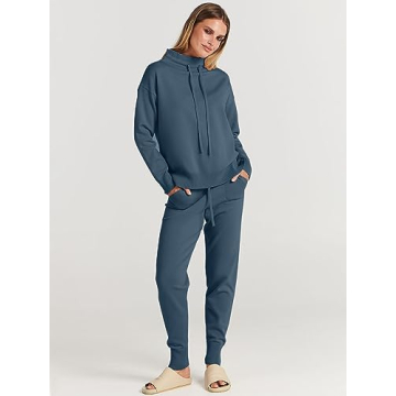 ANRABESS Women Two Piece Outfits Turtleneck Pullover Top Cozy Knit Sweater Pants Lounge Set 2024 Fall Sweatsuit Sweatsuits Dusty Blue Small